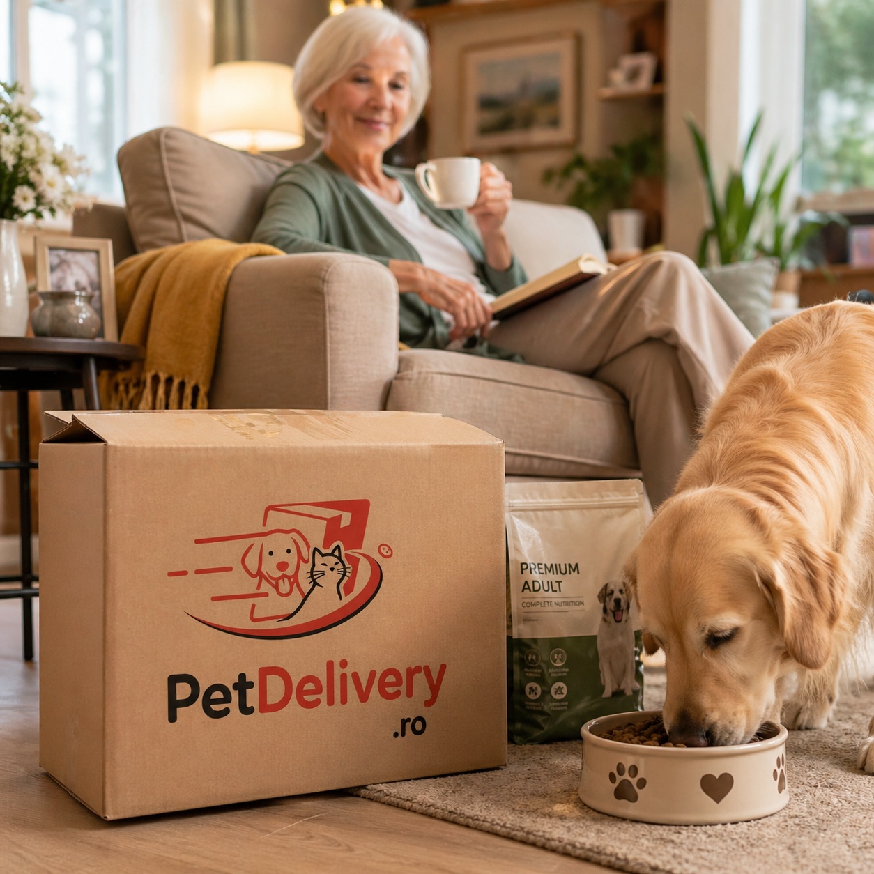 Stăpân relaxat în timp ce câinele mănâncă lângă coletul PetDelivery.ro