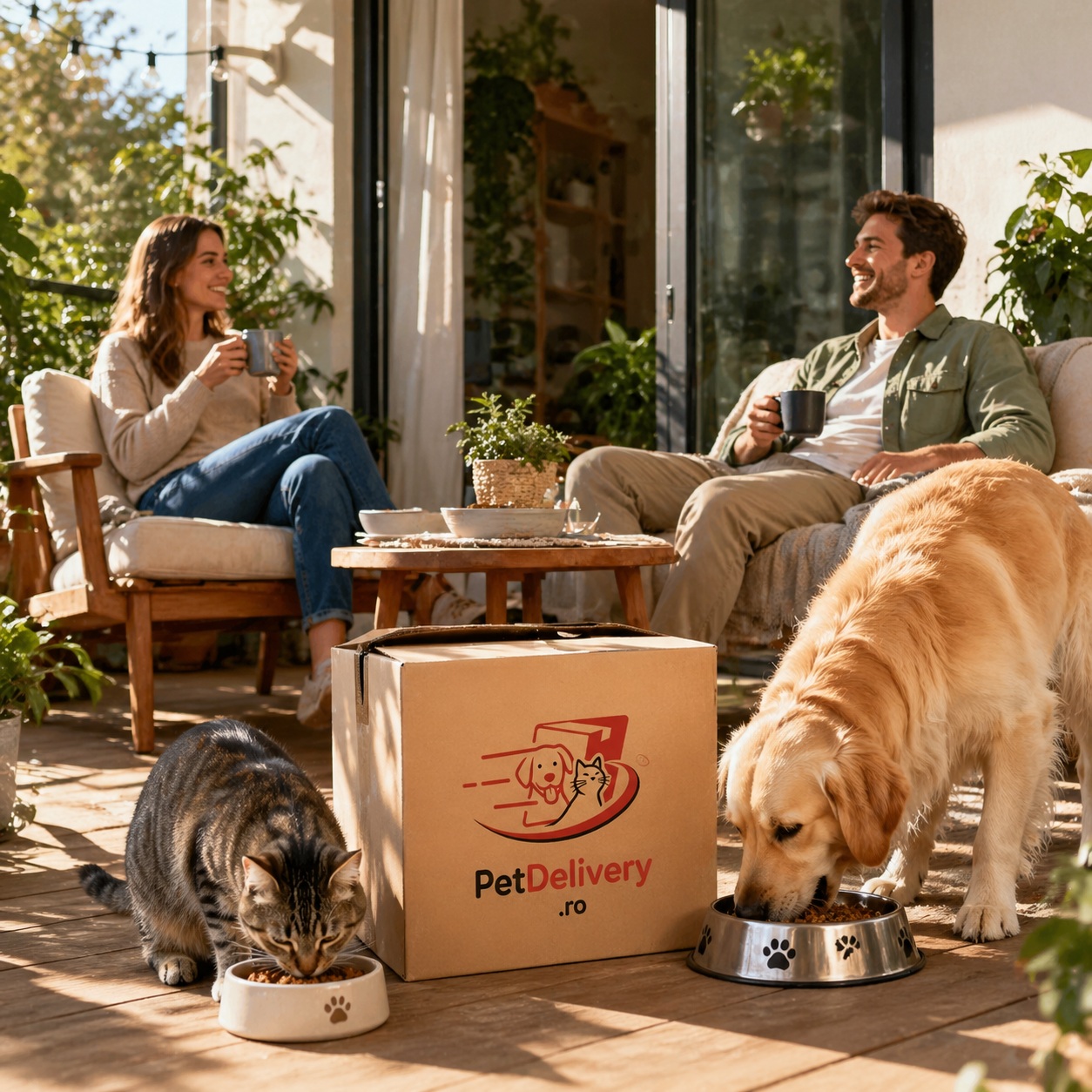 Câine și pisică bucurându-se de hrană lângă coletul PetDelivery.ro