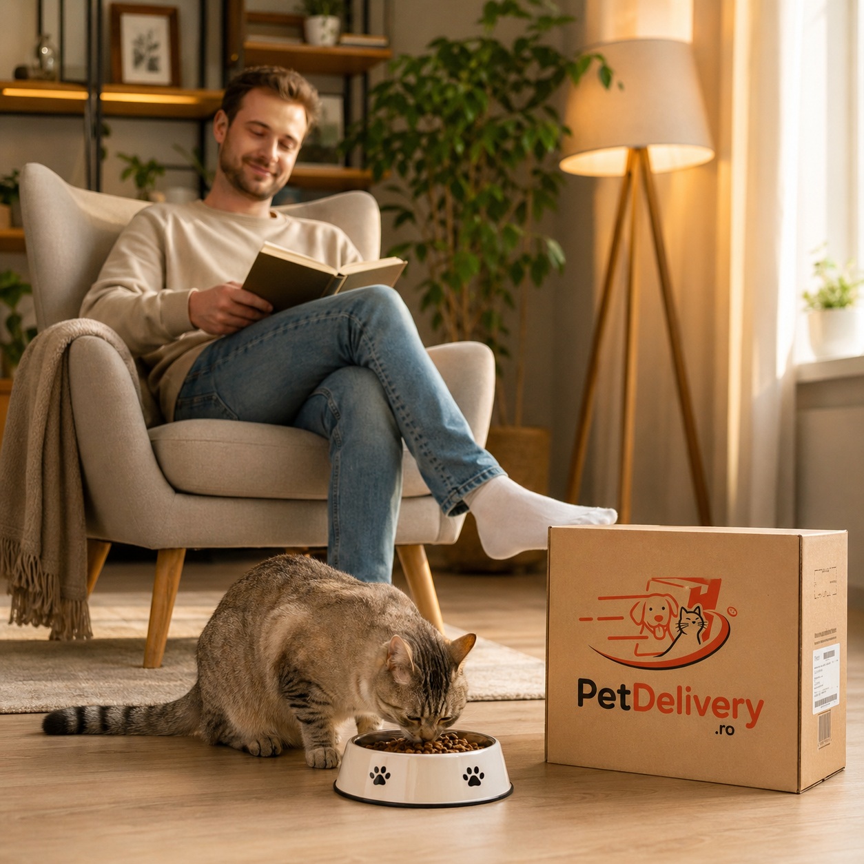 Stăpân lucrând de acasă în timp ce animăluțul primește hrana PetDelivery.ro