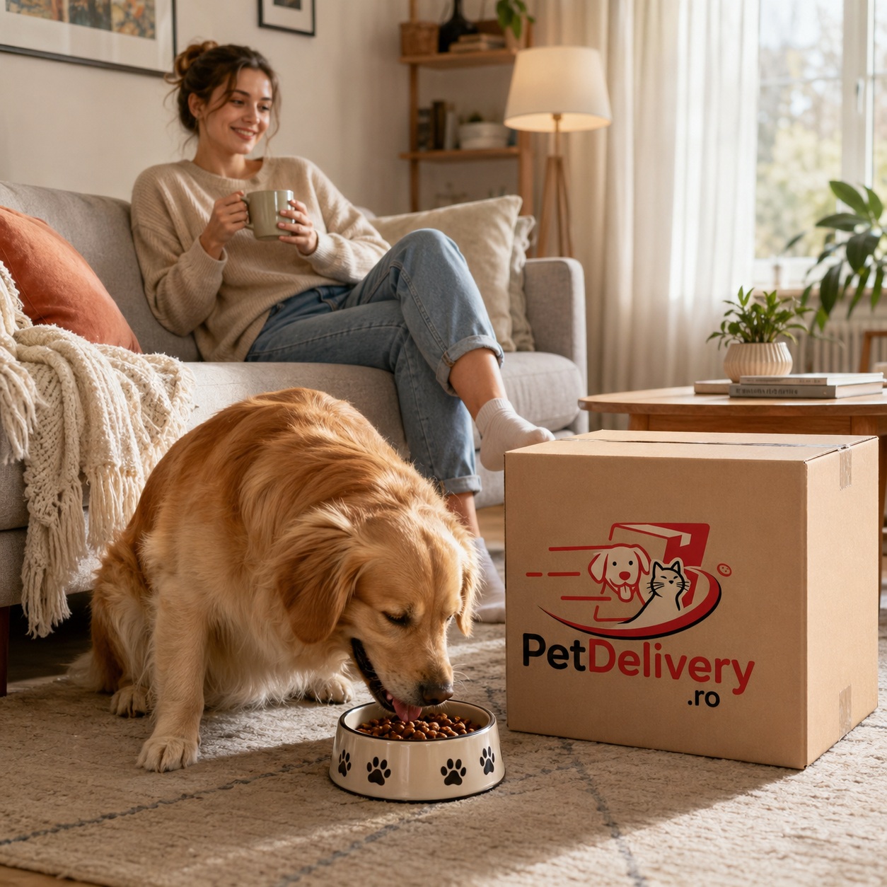 Animal de companie mâncând fericit lângă coletul PetDelivery.ro
